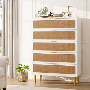 Rattan 5 Drawer Dresser for Bedroom, Tall Dresser with Deep Drawers.White