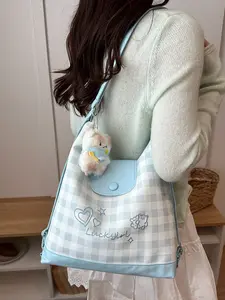 Korean Multi-Color Plaid Embroidered Bear Tote Bag, Large Capacity Multi-Way Backpack, Cute Girls School Daily Bag, Crossbody Bag