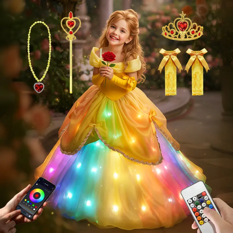 Girls' Light-Up Princess Dress, Yellow Ball Gown Cartoon Character Costume with Accessories, 100+ LED Modes & Music Sync for Halloween Party, Ages 3-9, Party Costume Accessory, Halloween Costume