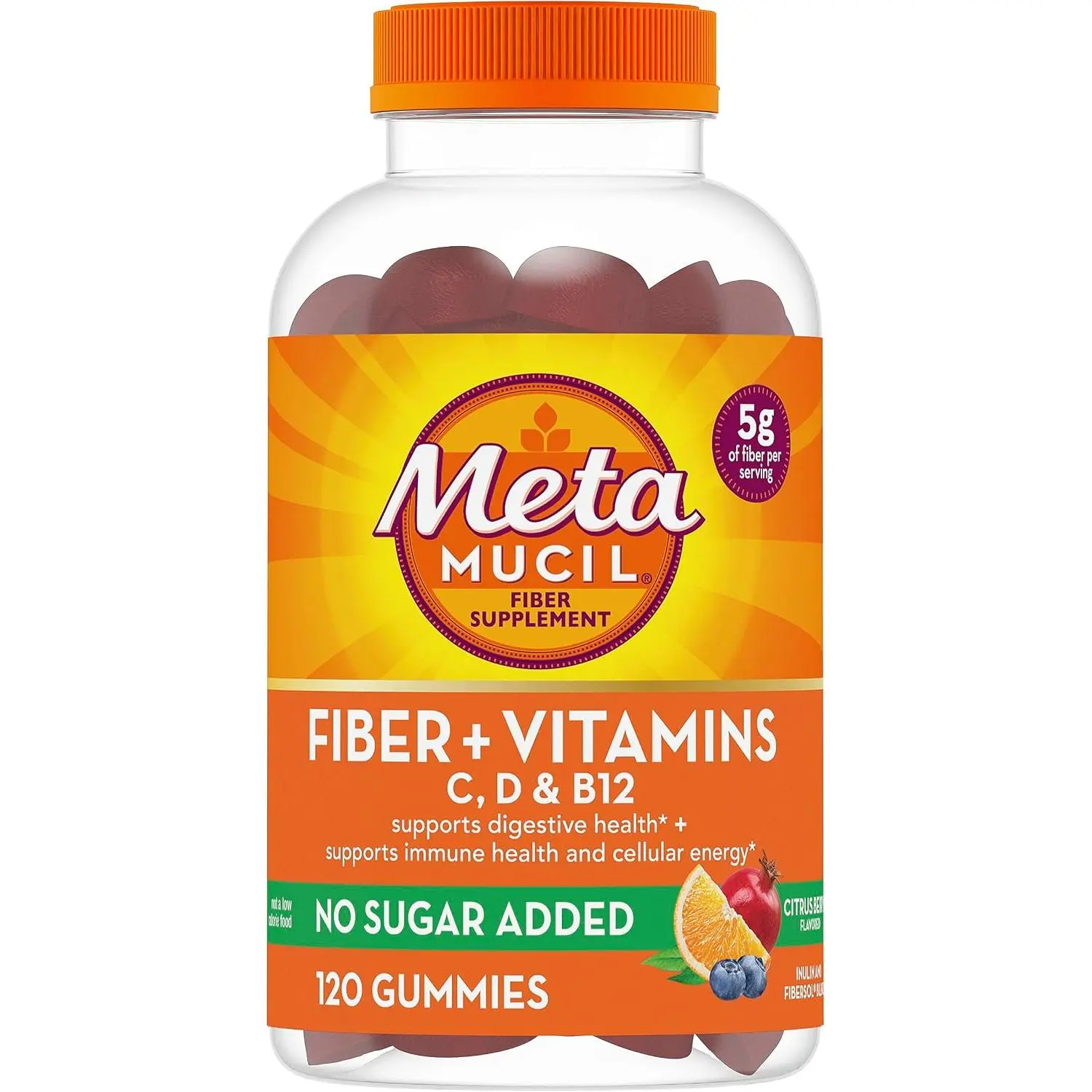 Metamucil Fiber Gummies for Adults with Vitamins C, D, B12 for Metabolism, No Sugar Added Citrus Berry Flavor, 5g Plant Based Prebiotic Fiber Supplement Blend, 120 Count