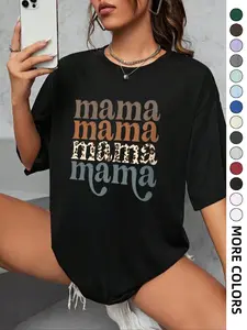 Women's "mama" Letter Print Round Neck Graphic Tee, Vintage Trendy Casual Drop Shoulder Half Sleeve T-shirt For Daily Wear, Ladies Summer Outfit