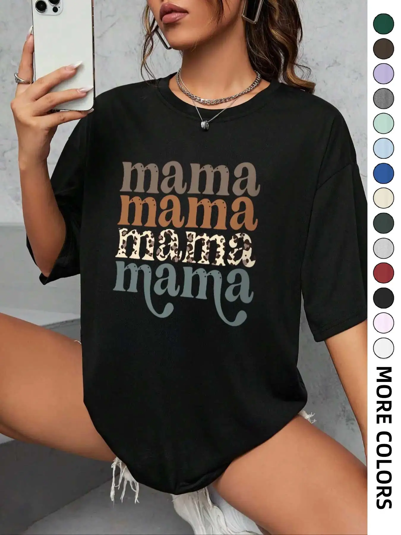 Women's "mama" Letter Print Round Neck Graphic Tee, Vintage Trendy Casual Drop Shoulder Half Sleeve T-shirt For Daily Wear, Ladies Summer Outfit