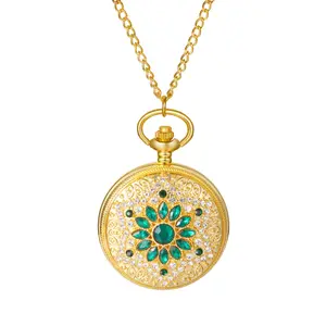 OIDEA Women's Gold Round Rhinestone Quartz Wristwatch - Elegant Analog, Green Rhinestone Flower Case, Arabic Numerals Scale, Luxury Vintage Hunter Pocket Watch with Easy-Adjust Sweater Chain Necklace Gift summerwins,summerwins