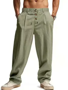 Men's Casual Linen Long Pants, Three Button Decor, Breathable Elastic Waist, Drawstring, Suitable for Fishing, Hiking, Golf, Outdoor Activities