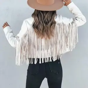 Women's Solid Color Fringe Trim PU Leather Jacket - Fitted Long Sleeve Collared Outerwear for Spring, Fall & Daily Wear