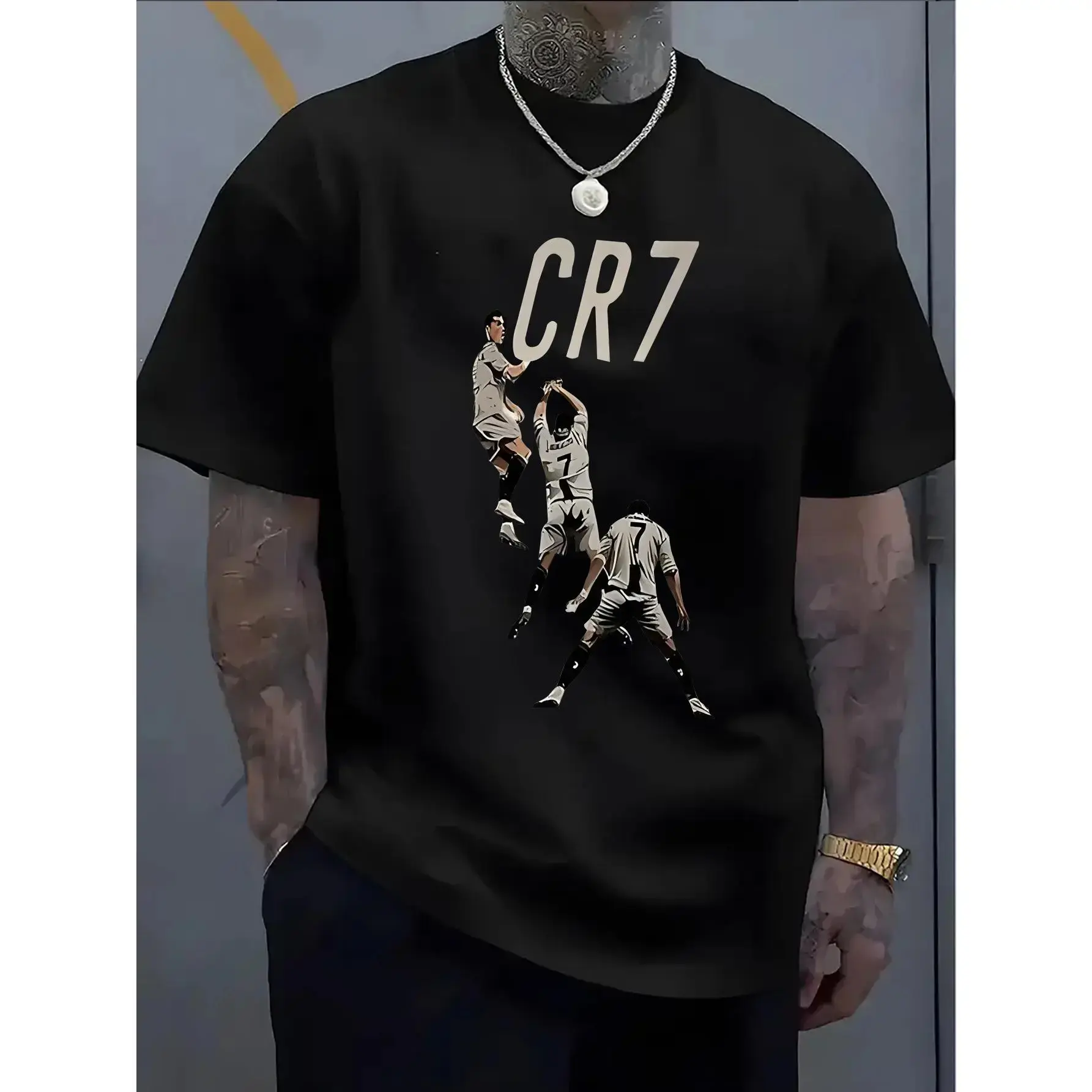 CR7 Ronaldo Inspired Graphic T-Shirt 100% Cotton | Unisex Soccer Fan Short Sleeve Tee | Casual Breathable Crewneck with White R7 Lettering | Everyday Fan Apparel & Sportswear Streetwear Sporty