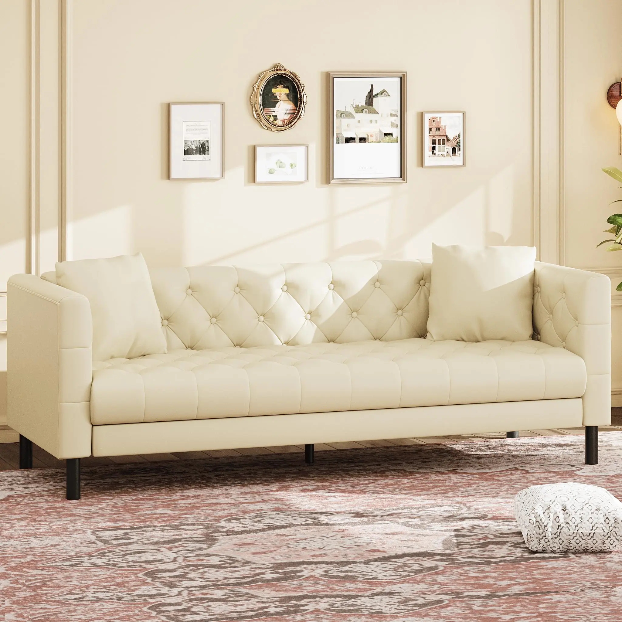 Garvee Standard 3-Seater PU Leather Sofa Couch - 81.1x31.5x28.4in, Handmade, Deep Seat, Tufted Back, 2 Pillows, 107.1lbs, Hardware-Included, Assembly Required, Wipe with Dry Cloth, Use Leather Cleaner for Deep Clean, for Living Room, Family, Clean Look, S