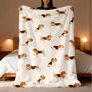 Cute Beagle Dog Pattern Cozy Flannel Blanket - All-Season Digital Print Reversible Throw Blanket, Animal Motif Throws, Multi-Purpose Quilted Bedding, Perfect Gift