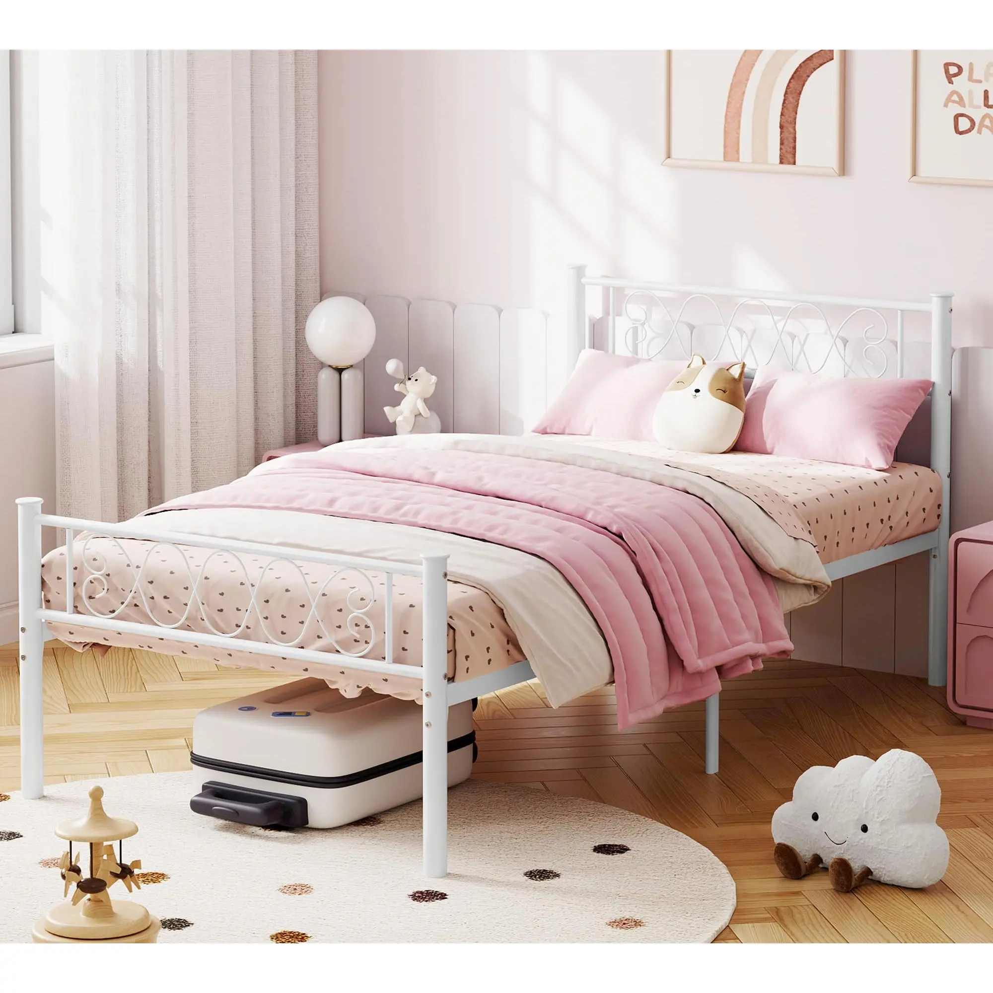 Garvee Twin-XL Powder-Coated Iron Bed Frame with Headboard, Footboard, Silent Iron-Art Heart Shape Design, No Box Spring Needed, 600 lbs Weight Capacity, Easy Assembly