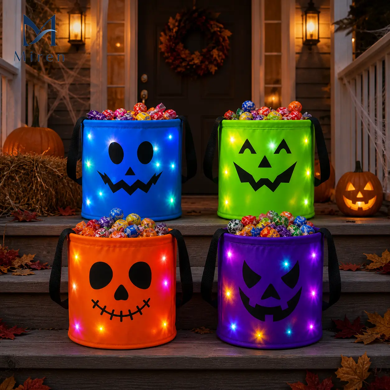 3/4 Pcs LED Light-Up Halloween Candy Buckets, Reusable Non-Woven Trick-or-Treat Tote Bags, Glowing Pumpkin Candy Holders for Kids and Adults, Halloween Party Favor Gift Bags for Home, Garden, Lawn, Birthday and Christmas Decorations--Miren