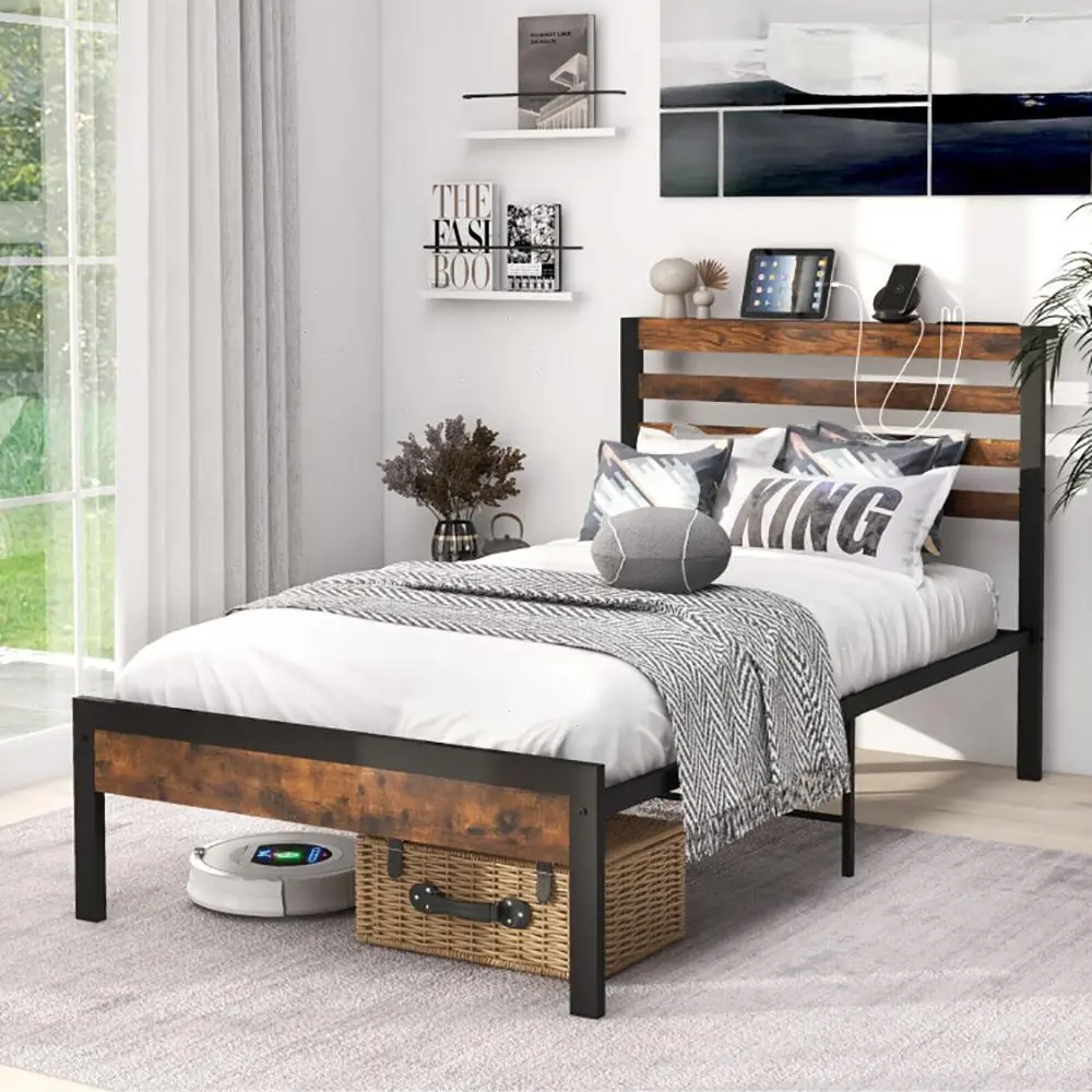 Spaco Twin/Full/Queen Size Bed Frame Industrial Platform Bed with Charging Station, Headboard with Support Platform/No Box Spring Needed/Noise-Free/Dark Brown