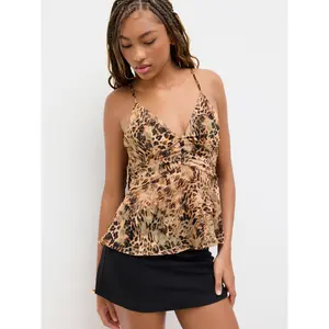 Cider Chiffon V-neck Leopard Ruched Blouse SummerWins Dealsforyou