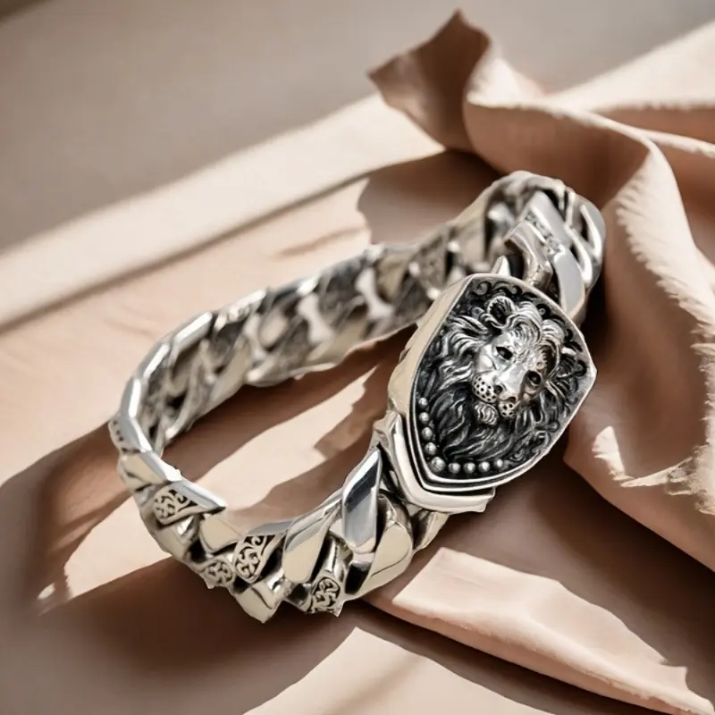 Silvery Look Animal Motif Lion-Head Bangle - Copper Base, Metal Coating, 2 Sizes (7.87inch, 8.66inch), Casual Daily Fashion Accessory, Ideal Birthday Gift for Boyfriend