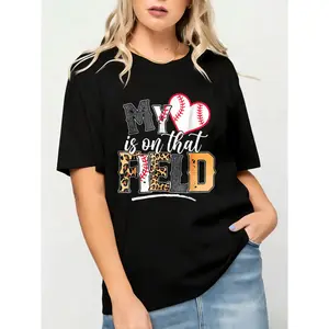 Lady's Fitted Cotton Short-Sleeve Round Neck T-Shirt Top - Streetwear Casual Clothes with Black Baseball Graphic, "My Heart Is On That Field" Design for Baseball Fans
