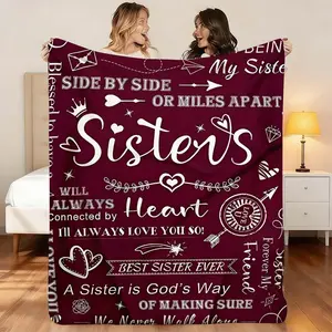 1 Pc "Cozy Burgundy Sister Blanket, Heartwarming Blanket Gift for Comfortable Naps - Perfect for Bedroom, Sofa, Camping with Heartfelt Messages and Stylish Patterns"