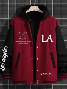 Men's Casual La Los Angeles Print Baseball Jacket, Fitted Design, Geometric Pattern, All Seasons Wear, Versatile Net Version