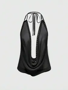 Glamine Grunge Punk Sexy Deep V Vintage Sling Open Back Draped Neck Women Tank Top