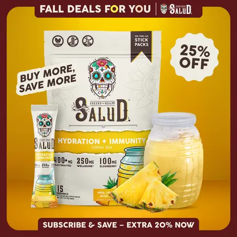 Salud 2-in-1 [Hydration + Immunity - Pineapple] Electrolytes Powder, Agua Fresca Drink Mix, Elderberry, Dairy & Soy Free, Non-GMO, Gluten Free, Vegan, Low Calorie, 1g Sugar (15 Servings)