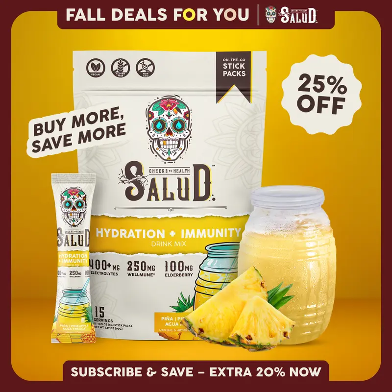 Salud 2-in-1 [Hydration + Immunity - Pineapple] Electrolytes Powder, Agua Fresca Drink Mix, Elderberry, Dairy & Soy Free, Non-GMO, Gluten Free, Vegan, Low Calorie, 1g Sugar (15 Servings)