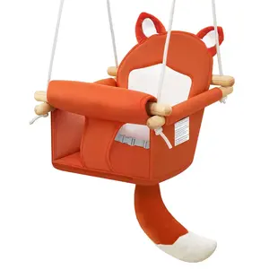Wooden Hanging Baby Swing with Soft Safety Belt, Cozy Infant Swing Seat for Indoor & Outdoor Use, Adjustable Height, Includes Mounting Hardware – Suitable for Babies & Toddlers(Fox-Themed in Beige)