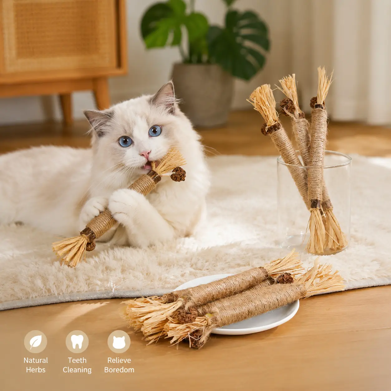 Cat Natural Herbs Dental Stick - 1 Count, Silver Vine, Sisal Rope-Wrapped, Raffia & Gall Fruit, Enlarged Thickness, Long-Lasting Teeth Cleaning Teeth Grinding Toy for Daily Chewing
