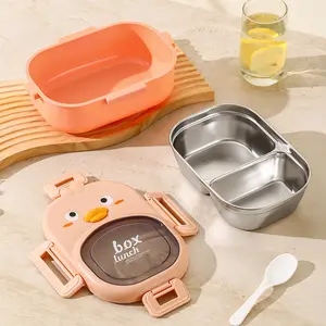 304 Stainless Steel Lunch Box, High Aesthetic Appeal, Cartoon Two-Compartment Design, Ideal for Female Students & Office Workers