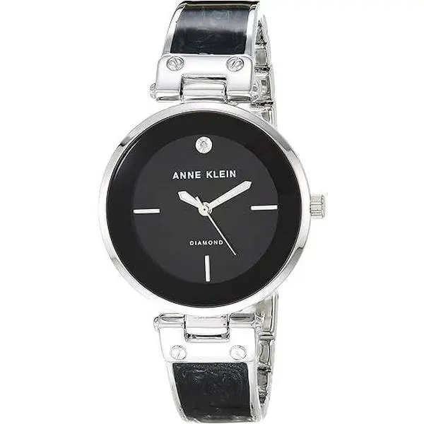 Anne Klein Genuine Diamond Dial Bangle Ladies Watch AK/2513BKSV, Japanese, Clasp, Adjustable End Links, Fashion Look, Jewelry For Women, 34Mm, Diamond Accent, Metal Strap, Quartz Drive, Bracelet, Glamorous Fashion Women's Watches, Luminous