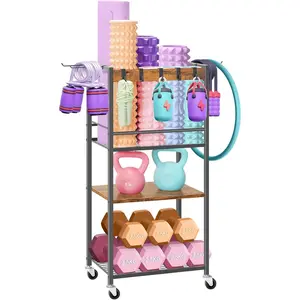 Gym Storage Rack, Heavy Duty Yoga Mat Holder Workout Equipment Storage Organizer Weight Rack with Hooks & Wheels for Dumbbells Kettlebells Dumbbell Yoga Block  Rollers Yoga Strap Resistance Bands, Fitness Exercise Equipment