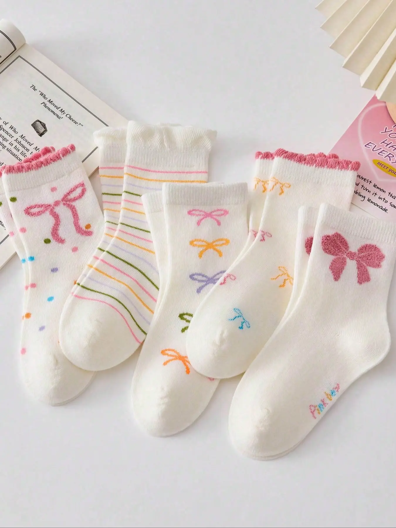 Girls' Cartoon Bowknot Knitted Socks, Striped Polka Dot Design, 5 Pairs Mixed Colors, Casual Knee-High Socks for All Seasons