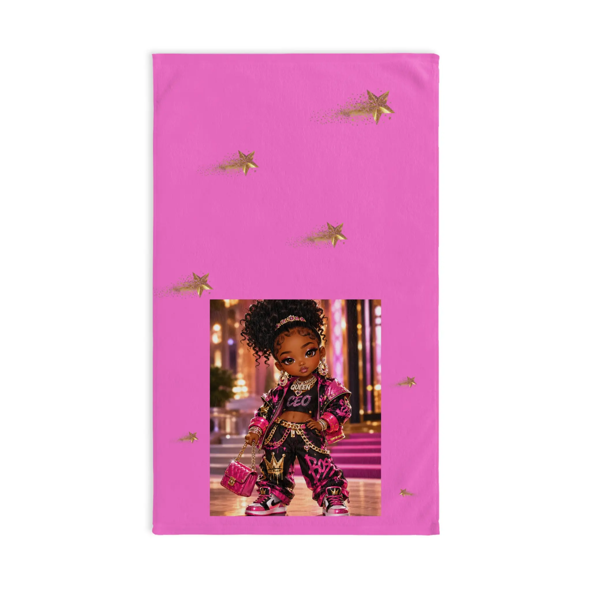 Pink Glitter Diva Hand Towel — Cute Stylish Girl Design with Gold Stars