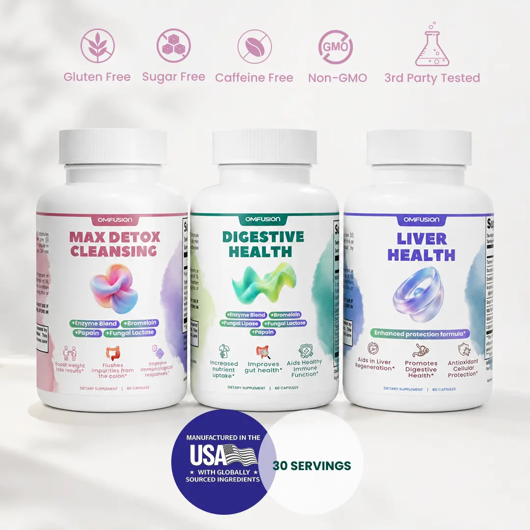 OM FUSION Clean Reset Stack with Max Detox Cleansing, Liver Health and Digestive Health, 3-Bottle Bundle
