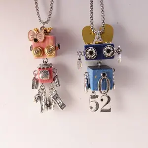 Handmade DIY Steampunk Jewelry, Retro Robot Couple Necklace, Personalized Wooden Keychain Ornament