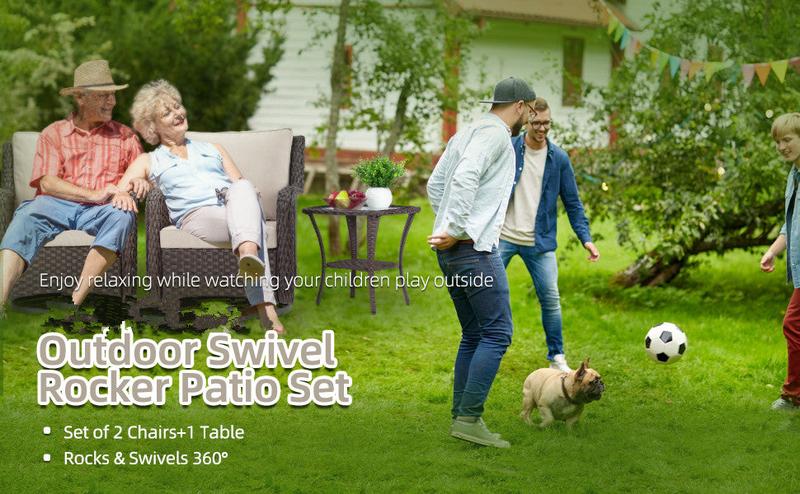 GARVEE 3 Pieces Rattan Swivel Rocking Chair Outdoor, Patio Bistro Conversation Furniture Set, Wicker Chair with Cushions and Table