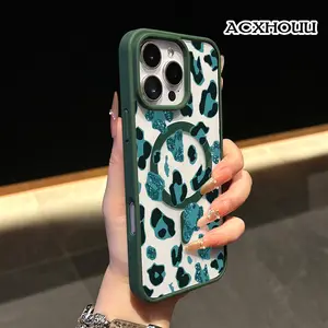 Teal Glitter Leopard Print Magnetic Protective Case for iPhone 17 16 E Pro Max 15 Plus 14 13 12 11 XS XR, Vintage Vibes | Shockproof, Aesthetic, Silicone, Lightweight, and Scratch Resistant