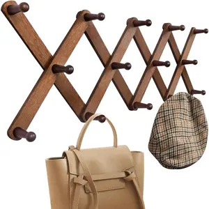 Wood Accordion Wall Hanger, Expandable Coat Rack Wall Mount with 14 Pegs, Expanding Hat Rack for Wall, X Shape, 27"*10", Walnut Color