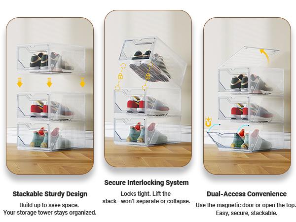 BROVIEW S6 XX-Large Shoe Sneaker Storage Boxes for Size 14, Stackable & Thicken Clear Plastic Shoe Organizers 6/8/12/15 Packs for Entryway Closet Under Bed, Shoe Storage Cabinets Container Display Case w/ Magnetic Door