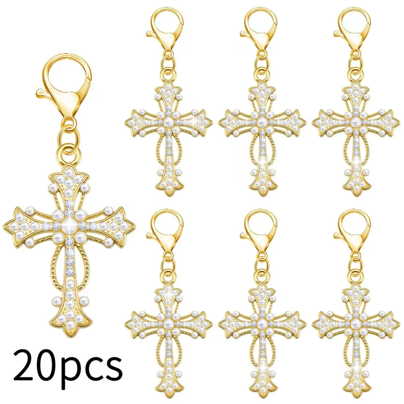 20 Pcs Pearl Rhinestone Cross Keychain Charms, Bling Bling Keychains, Religious Cross Bag Charms for Baptism, First Communion, Wedding Favors, Keychain Set, Keychain Accessories