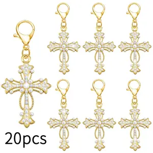 20 Pcs Pearl Rhinestone Cross Keychain Charms, Religious Cross Bag Charms for Baptism, First Communion, Wedding Favors