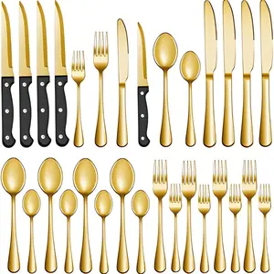 24/48 Pieces Golden Stainless Steel Silverware Sets With Steak Knives, Includes Knife Spoon And Fork Eating Utensils Set For Kitchen,Flatware Sets For Hotel And Restaurant,Dishwasher Safe Cutlery Set gold dinnerware