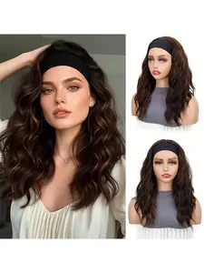 [Glueless Headband Wig]Ombre Adjustable Glueless Headband Wig -16inch Medium Length Water Wavy Synthetic Hair | No-Adhesive Comfort, Natural Look, Easy to Style for Everyday Wear