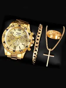 4pcs/set men's luxurious gold watch set, popular cool and fashionable watch ring necklace bracelet combination