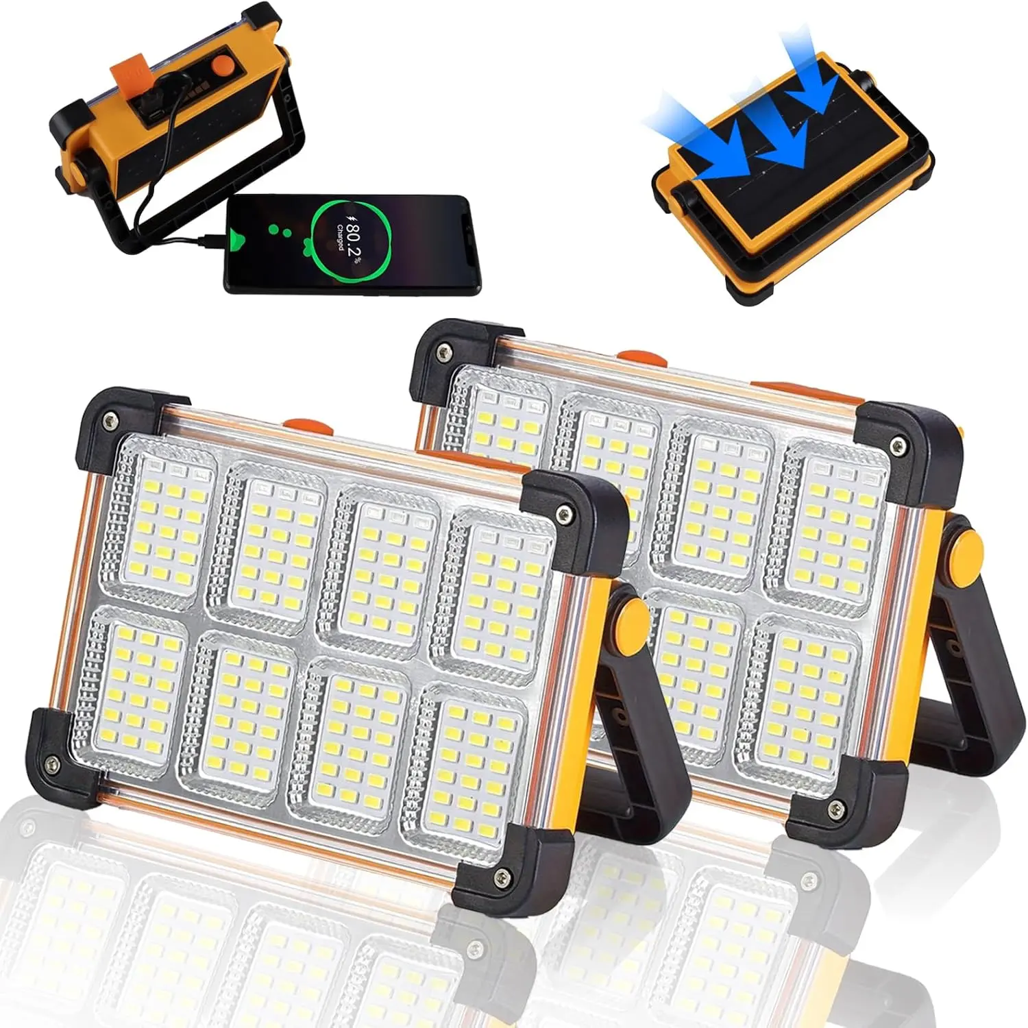 2-Pack 120W Solar-Powered Multifunctional Rechargeable Emergency Work Lights, 144 LED 10000 Lumen Portable Floodlight with Stand, IP66 Waterproof, 4-Mode Construction Site Lighting Flashlight, Suitable for Camping, Mechanical Repairs, Multifunctional Ligh