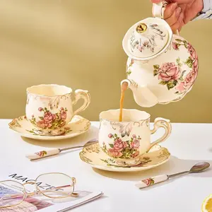 Set of 2 Ivory Porcelain Floral Tea Cups and Saucers with Spoon, European Classic Vintage Style, Dishwasher Safe, Ideal Christmas Gift