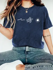 Women's Turtle & Sun Print Round Neck Fitted Tee, Casual Fashion Short Sleeve T-shirt Top for Spring, Ladies Clothes for Daily Wear Womenswear