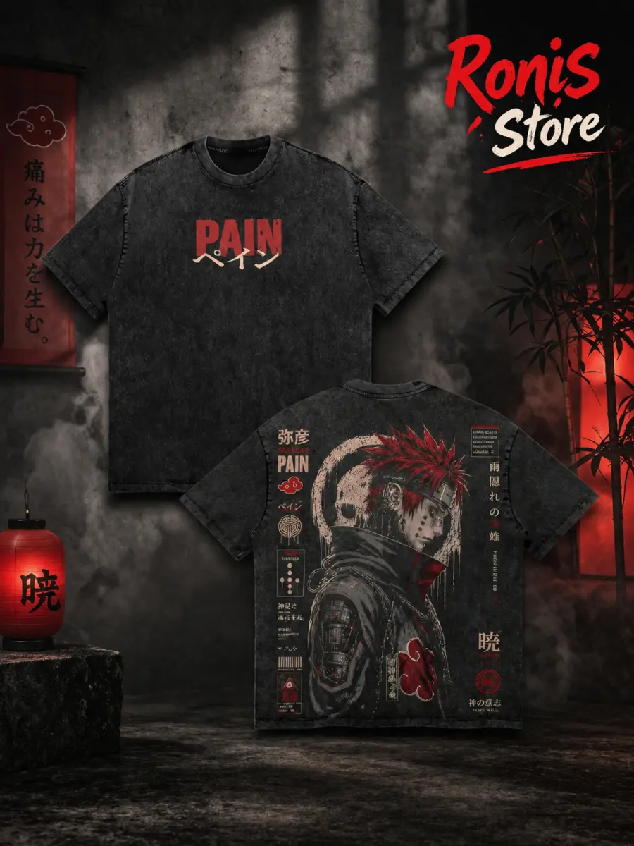 Men's Naruto Anime Pain Yahiko Akatsuki 6-Paths Rinnegan Vintage Washed Oversized Heavyweight Cotton Graphic Streetwear Tee