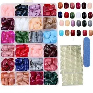 Mixed Color Series 576 Pieces Glossy Short False Nails Solid Square Stickers Reusable for Fashion Manicures Valentine's Day Mother's Day Christmas