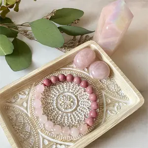 Natural Rhodonite + Rose Quartz Stretch Bracelet - Handmade 8mm Gemstone Bead Bracelet - Healing Jewelry for Love and Charm