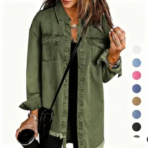 Jean Jackets for Women Ripped Fringe Denim Jean Jacket Casual Long Sleeve Pockets Jackets Coat Fabric Fashion Womenswear Soft  – Back to School Outfit Idea