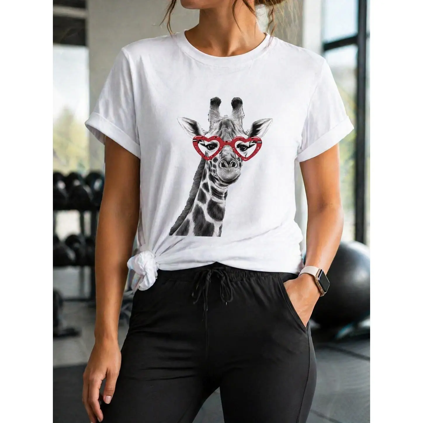 Women's Casual Giraffe Print Crew Neck T-Shirt - 100% Cotton Lightweight Wardrobe Staples, Comfortable Breathable Short Sleeve Top with Heart Graphic for Everyday Wear, Basic, Simple, Outfits, Animal Cartoon Print Women's T-Shirts, One Size Fits Most
