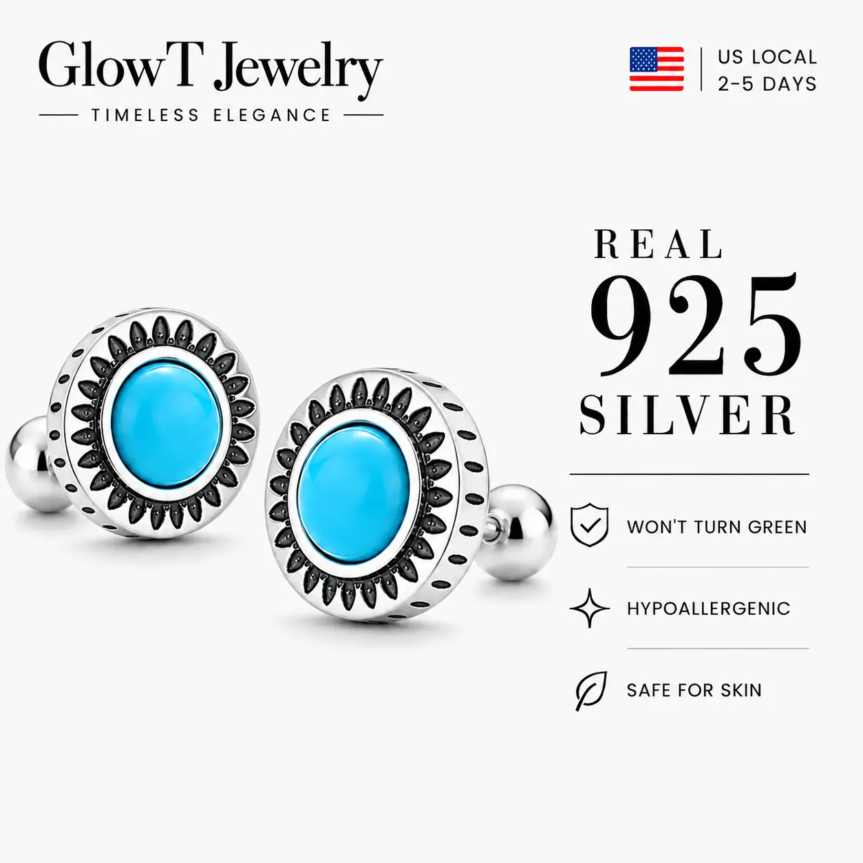 925 sterling silver turquoise sunburst stud earrings vintage western boho statement jewelry with oval blue stone oxidized floral halo design for women girls moms everyday wear vacation festival birthday gift coastal cowgirl southwestern chic style